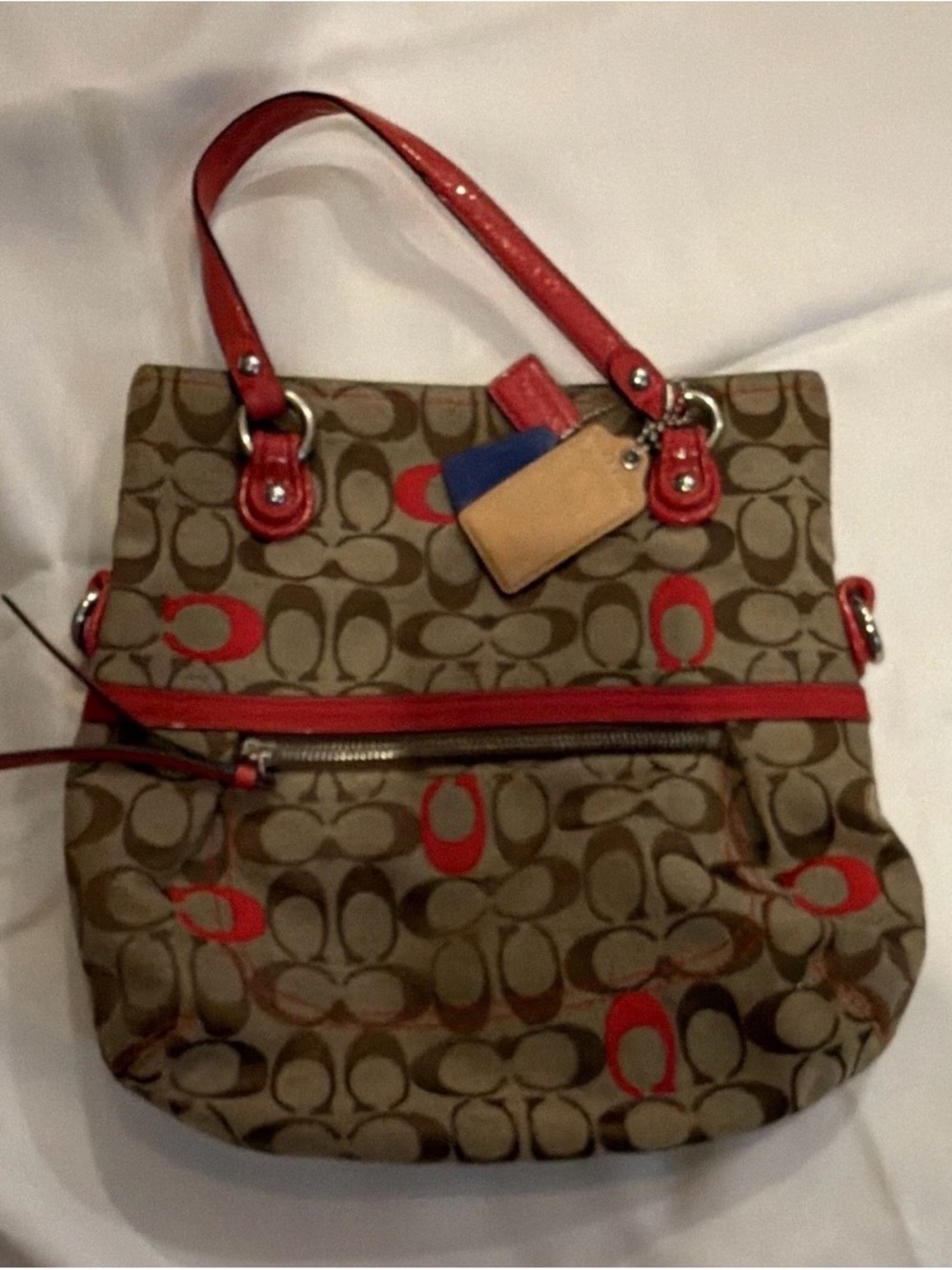 Coach Brown Signature Tote with Red Trim